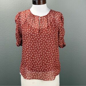 J.crew rust brown ruched sleeve Floral sparkle Top Sz XS Boho Cottagecore
